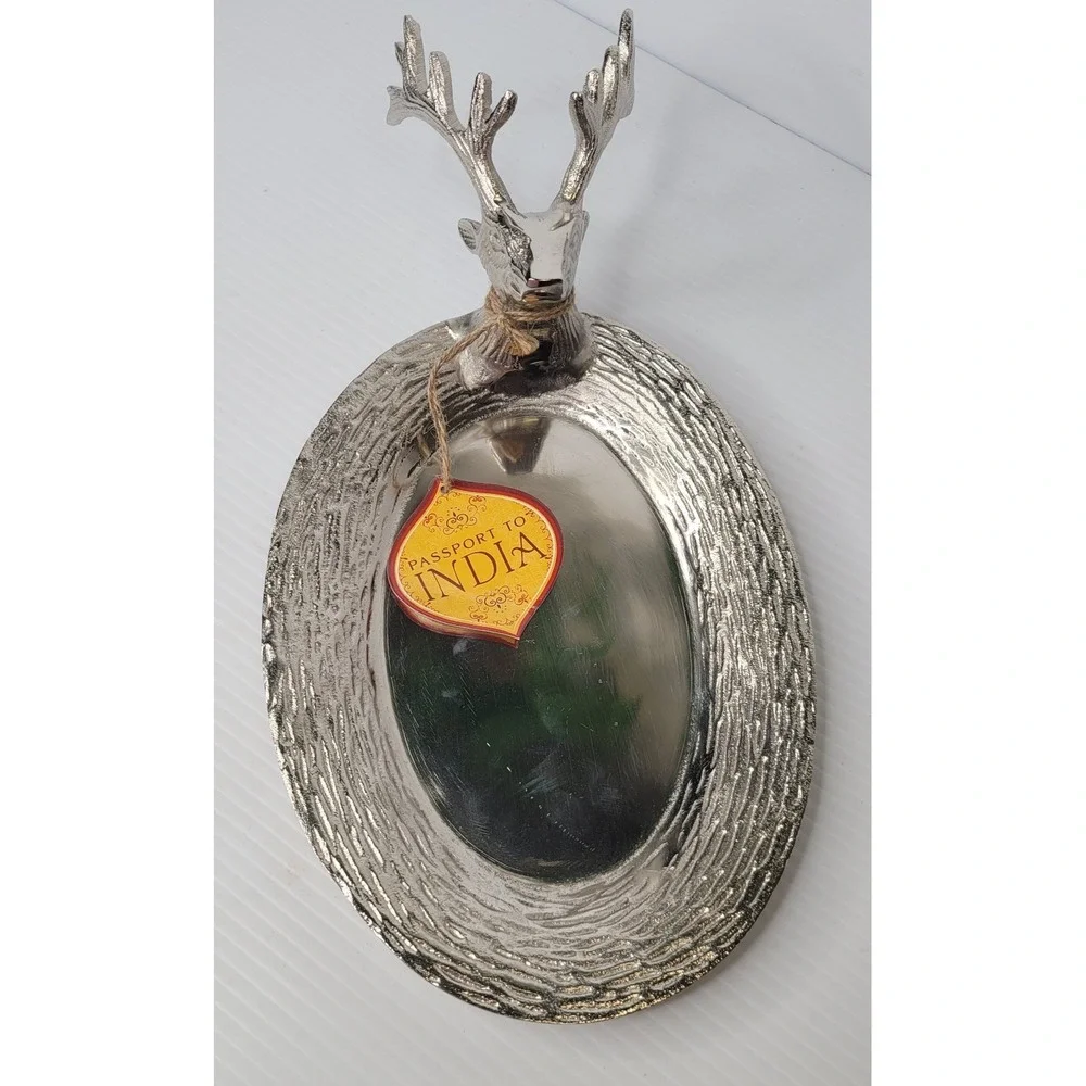 Passport to India Silver Metal Reindeer Deer Stag Serving Platter Decorative NEW